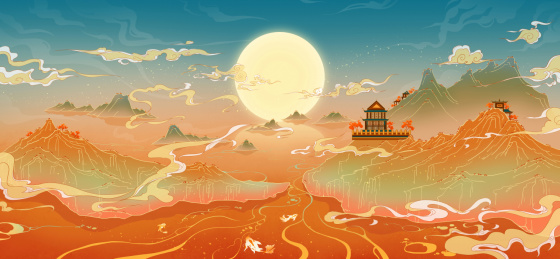 中国风山水风景国潮插画