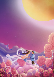 穿着古装的情侣在月光下牵手