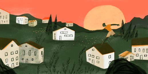 野外房顶上跳跃玩耍的男孩插画