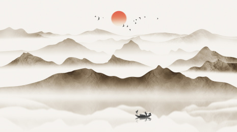 手绘新中式意境水墨山水画