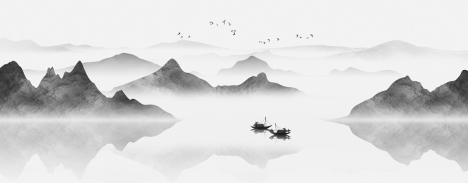 手绘新中式意境水墨山水画