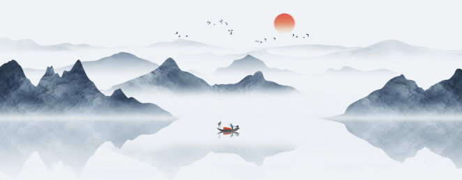 手绘新中式蓝色水墨山水画