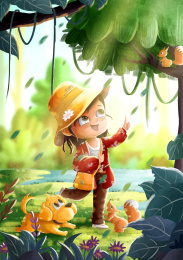 小姑娘带着狗狗踏青看松鼠