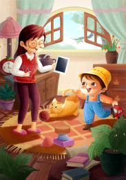 妈妈拿着ipad给小女孩学习