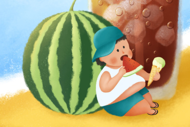 夏日沙滩上吃西瓜和冰淇的小男孩