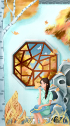 坐在园林窗边假山上手拿黄叶的旗袍少女