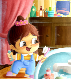 在洗漱间拿着牙膏牙刷刷牙的小姑娘