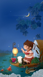 吃西瓜的小女孩坐在小船上看萤火虫
