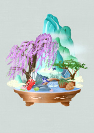 国风微观盆景山水及古装情侣场景