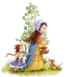 小女孩牵着妈妈的衣服要苹果