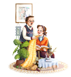 男子给看书的妻子披上毛毯