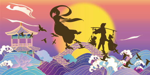 七夕牛郎织女两个孩子海上明剪影横版无字