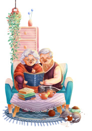 情人节插画-老年夫妻坐在沙发一起回味相册