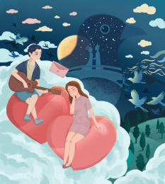 七夕节的情侣月下弹吉他