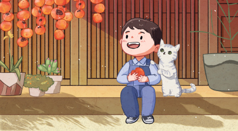 秋天霜降暖暖柿子猫和小男孩