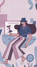 女孩坐在表盘上计算时间 平面插图