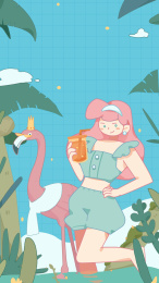 女孩和火烈鸟在海滩合影 平面插图