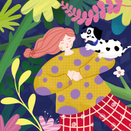 小女孩和狗狗在花草丛中，肌理插画
