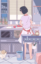 夏季生活小清新插画女孩在厨房切水果