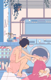 夏季日系小清新人物日常生活室内插画