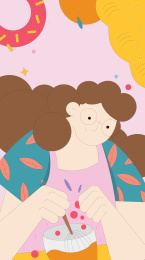 女孩穿着围裙烘培甜点，插画