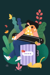 女孩抱着滑板坐在行李箱上去旅行