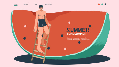 男人架梯子爬到大西瓜上