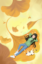 秋天黄色氛围下一个女孩和猫躺在银杏叶上