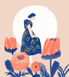 月下花丛中穿裙子的少女插画