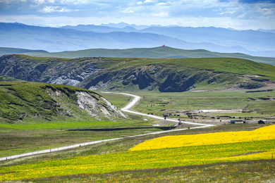中国甘肃省甘南途中草原公路蜿蜒穿行