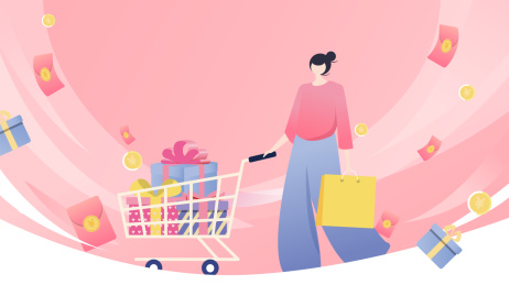 女生拉着购物车在购物