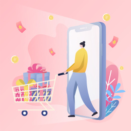 女生从手机购物出来