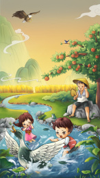 孩子在水里抓鸭子戏水老人坐石头扇扇子