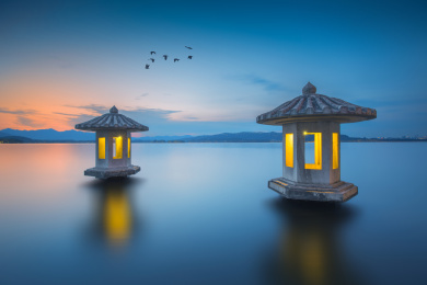 中国杭州西湖日落风景