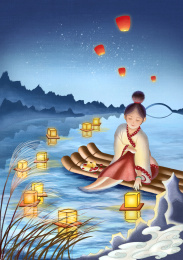 处暑节气汉服女孩坐在竹筏上放河灯