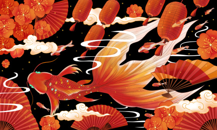 喜庆锦鲤灯笼节日中国风插画