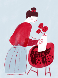 手持花瓶闻花香的红衣女生插画