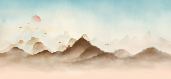 棕色古典水墨山水画