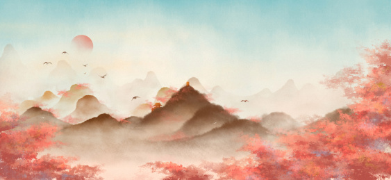 秋天的枫林古典水墨山水画