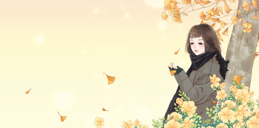 深秋穿风衣的女孩托起掉落的黄色枫叶跨版