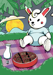 月圆之夜兔子玩具与月饼在野外草地上