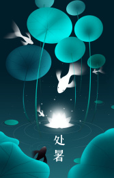 处暑节气荷叶下的荷花河灯及发光的鱼