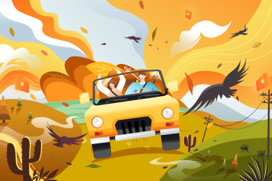 秋季踏秋情侣自驾游矢量插画