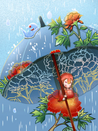 汉服女孩撑有牡丹花的伞谷雨节气国风卡通
