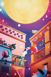 七夕阳台情侣接吻插画