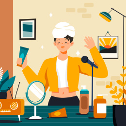 直播美妆的女孩矢量插画