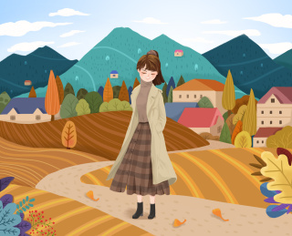 秋天在田野间散步的女孩