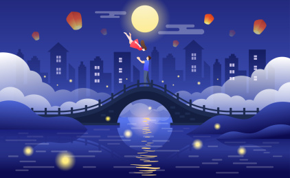 月下一对情侣在拱侨上横版