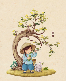 戴斗笠小女孩和小兔子白露节气收清露长方形