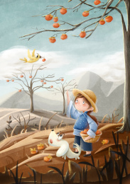 女孩和小狗秋天去野外捡柿子的节气图